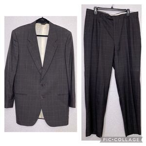 Oscar De La Renta Plaid Windowpane Check Suit Gray 42L